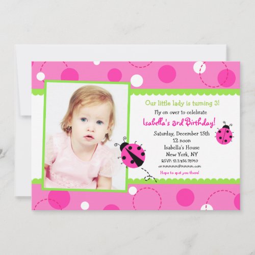 Sweet Ladybug Pink Green Photo Birthday Invitation
