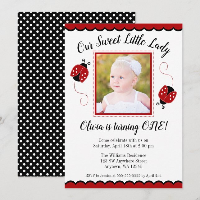 Sweet Ladybug Red Black Photo Birthday Invitations (Front/Back)