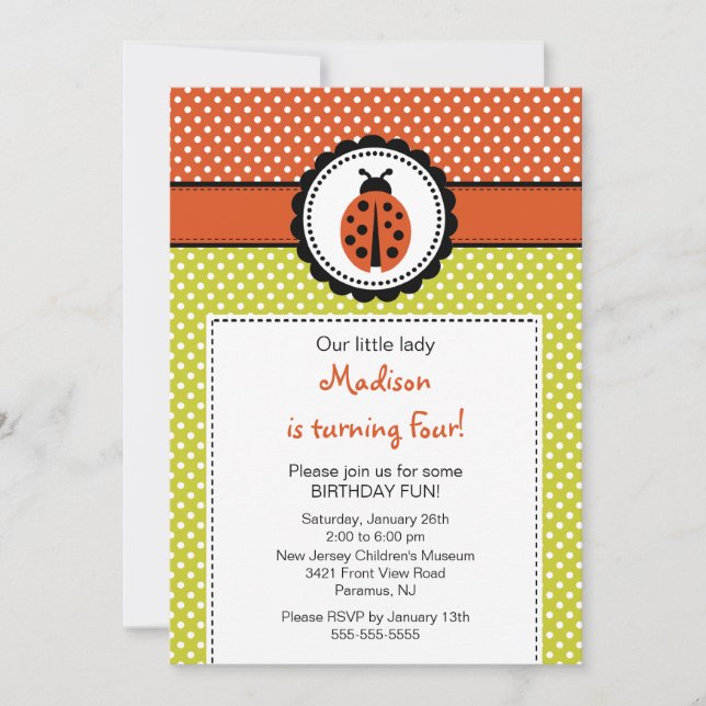 Sweet Ladybugs Birthday Invitation Polka Dots (Front)