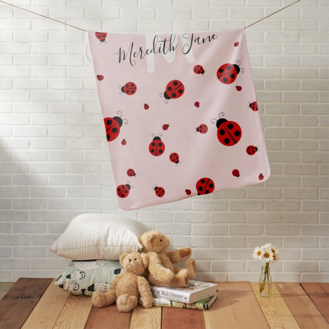Sweet Ladybugs Pink Red Girly Script Monogram Baby Blanket (In Situ)