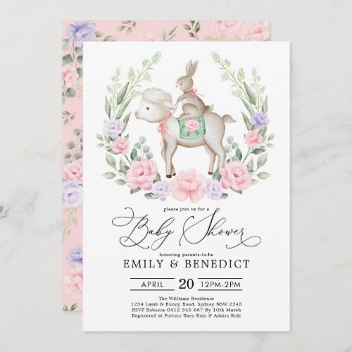 Sweet Lamb  Bunny Rabbit Soft Floral Baby Shower Invitation