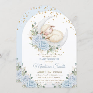 Sweet Lamb Moon Blue Floral Boy Baby Shower Arch Invitation