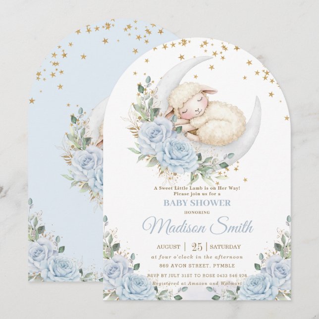 Sweet Lamb Moon Blue Floral Boy Baby Shower Arch Invitation (Front/Back)