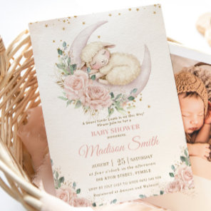 Sweet Lamb Moon Chic Pink Blush Floral Baby Shower Invitation