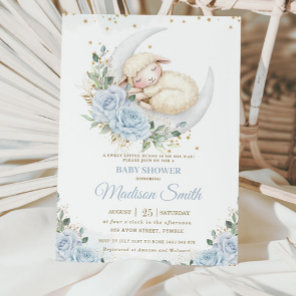 Sweet Lamb Moon Soft Blue Floral Boy Baby Shower Invitation