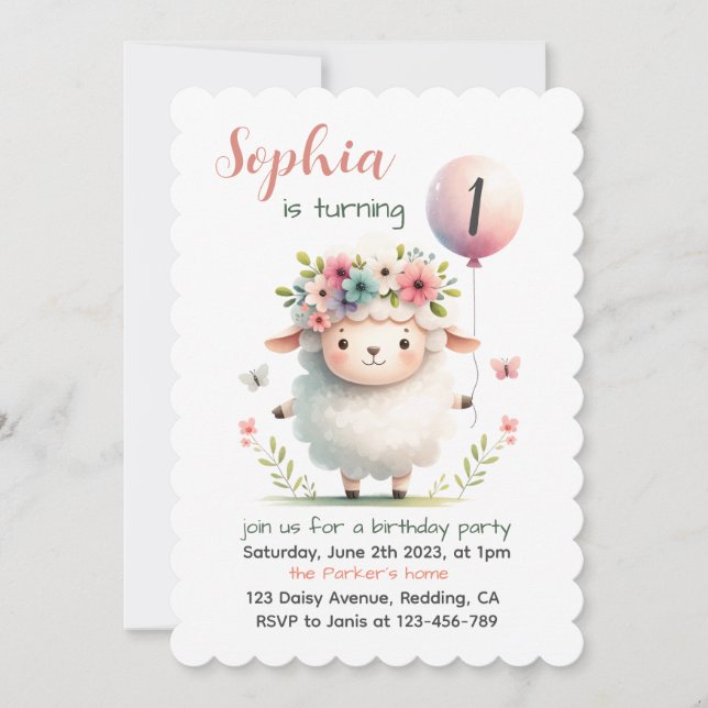Sweet Lamb with Balloon - Personalizable Invitation (Front)