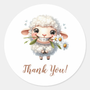 Sweet Lamb with Flowers - Thank You Classic Round Sticker