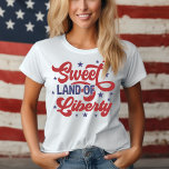 Sweet Land of Liberty 4th of July Patriotic T-Shirt<br><div class="desc">Celebrate your patriotic pride with this t-shirt that features the words 'Sweet Land of Liberty' in decorative red and blue script surrounded by blue patriotic stars. Perfect for Memorial Day,  July 4th,  summer fun days or just an everyday observance that we live in the "Sweet Land of Liberty".</div>