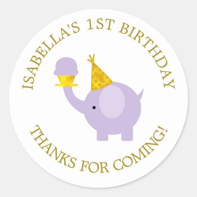 Sweet Lavender Elephant Birthday Party Classic Round Sticker (Front)