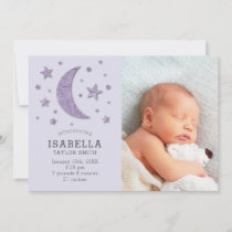 Sweet Lavender Moon Stars Baby Photo Birth Announcement