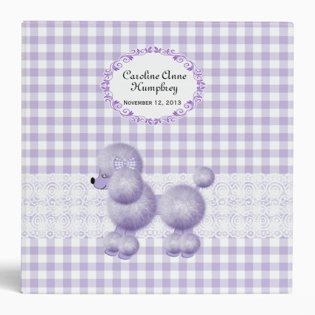 Sweet Lavender Poodle Checkered Custom Baby Album 3 Ring Binder (Front)