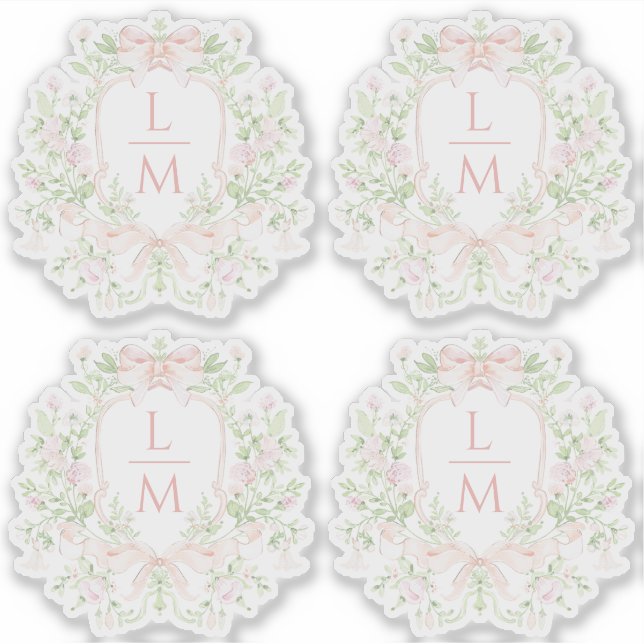 Sweet Leaf Crest w/ Pink Bows | Monogram Wedding Sticker (Front)