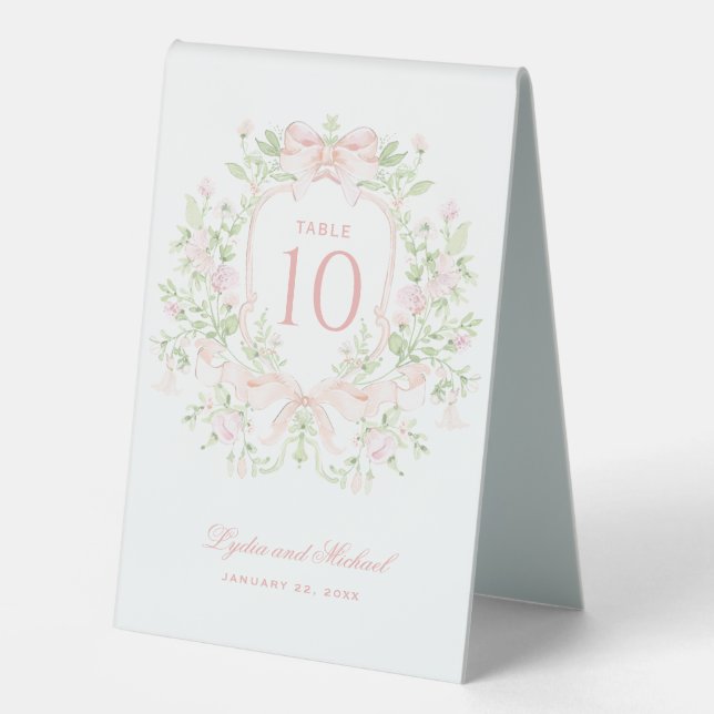 Sweet Leaf Crest with Pink Bows | Table Number Tent (Front)