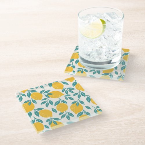 Sweet Lemon Branches Pattern Glass Coaster