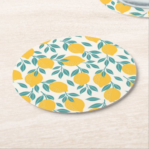 Sweet Lemon Branches Pattern Round Paper Coaster