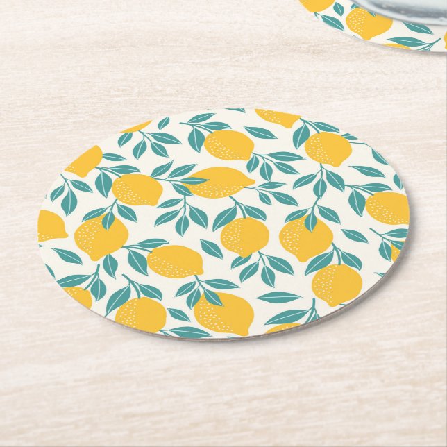 Sweet Lemon Branches Pattern Round Paper Coaster (Angled)