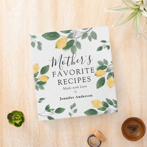 Sweet Lemon  Greenery Mothers Recipe Cookbook 3 Ring Binder
