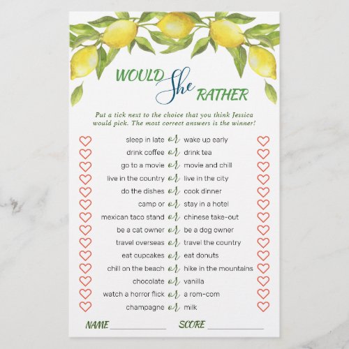 Sweet Lemons  Greenery Chic Bridal Shower Game