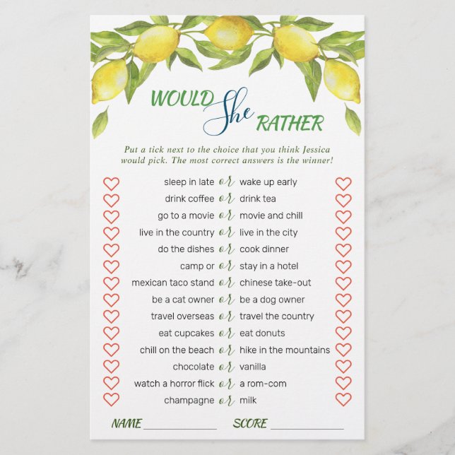Sweet Lemons & Greenery Chic Bridal Shower Game (Front)