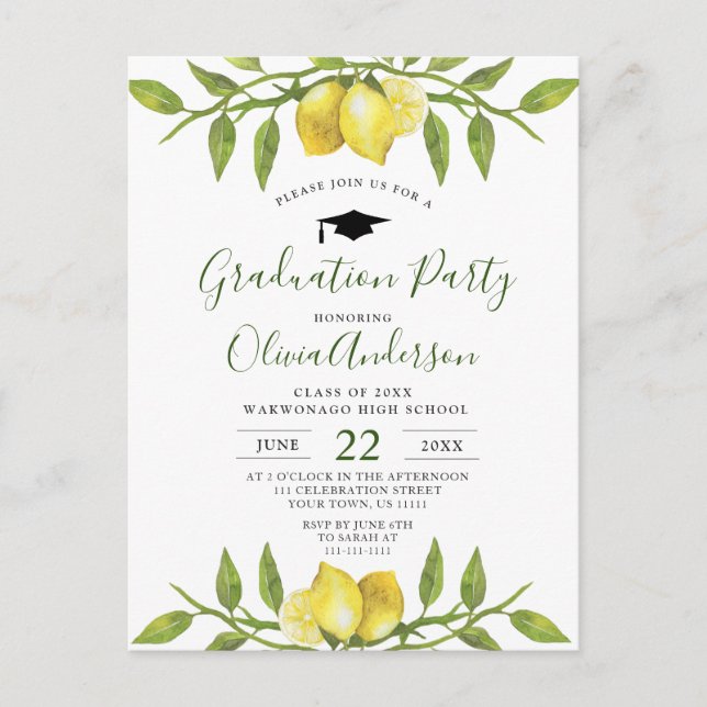 Sweet Lemons Greenery Graduation Party Invitation Postcard (Front)