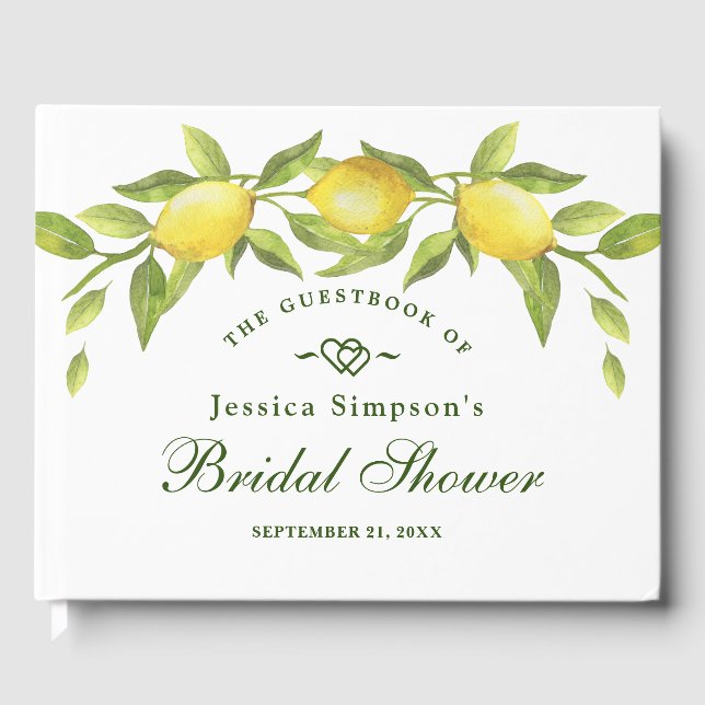 Sweet Lemons & Greenery Watercolor Bridal Shower Guest Book (Front)