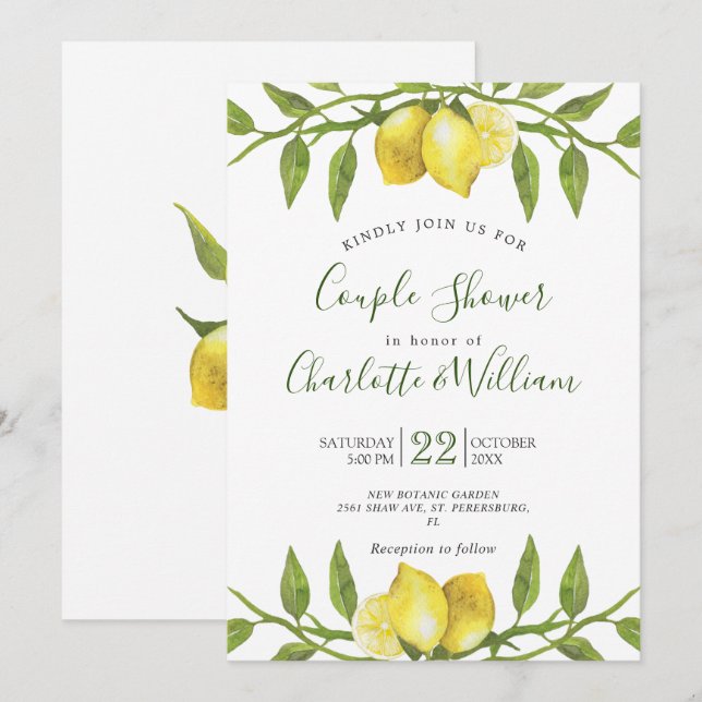 Sweet Lemons & Greenery Watercolor Couple Shower Invitation (Front/Back)