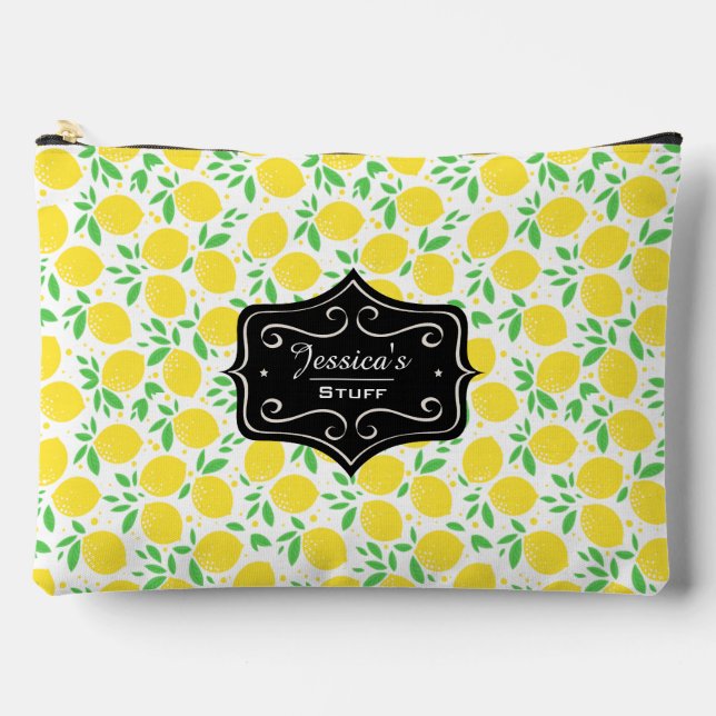Sweet Lemons Leaf Pattern Personalised Accessory Pouch (Front)