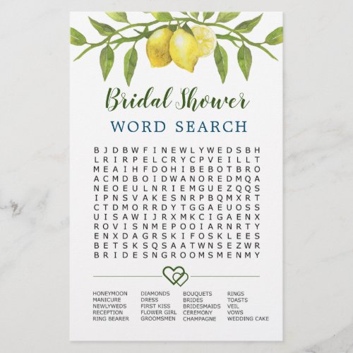 Sweet Lemons  Word Search Bridal Shower Game