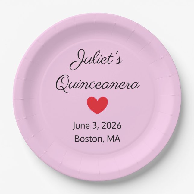 Sweet Letters: Black on Pink Quinceanera  Paper Plates (Front)