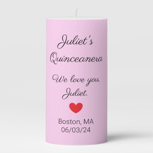 Sweet Letters  Black on Pink Quinceanera Pillar Candle