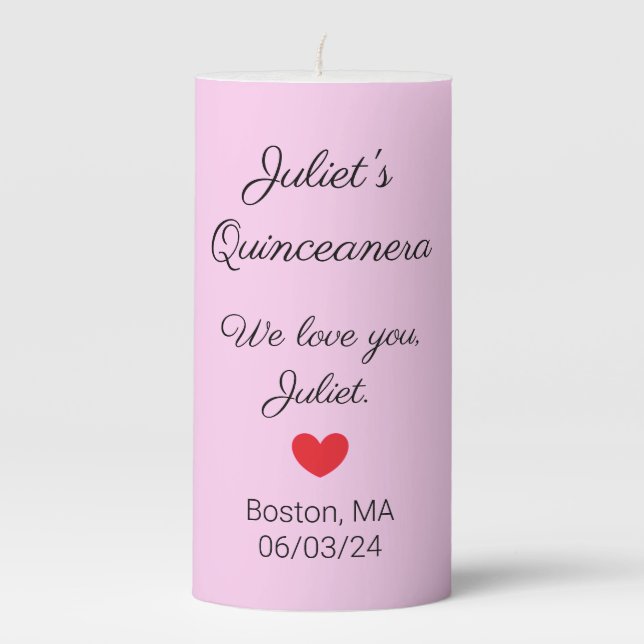 Sweet Letters:  Black on Pink Quinceanera Pillar Candle (Front)