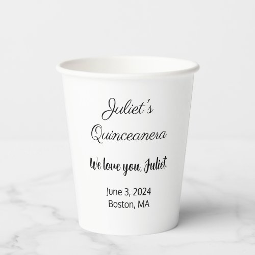 Sweet Letters Black on White Quinceanera  Paper Cups