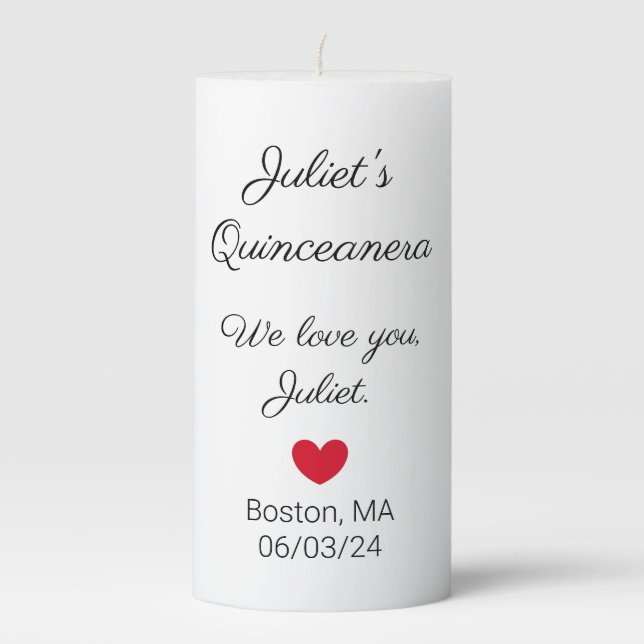 Sweet Letters:  Black on White Quinceanera Pillar Candle (Front)