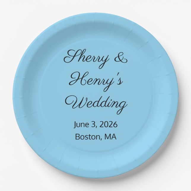 Sweet Letters Blue & Black Wedding Paper Plates (Front)