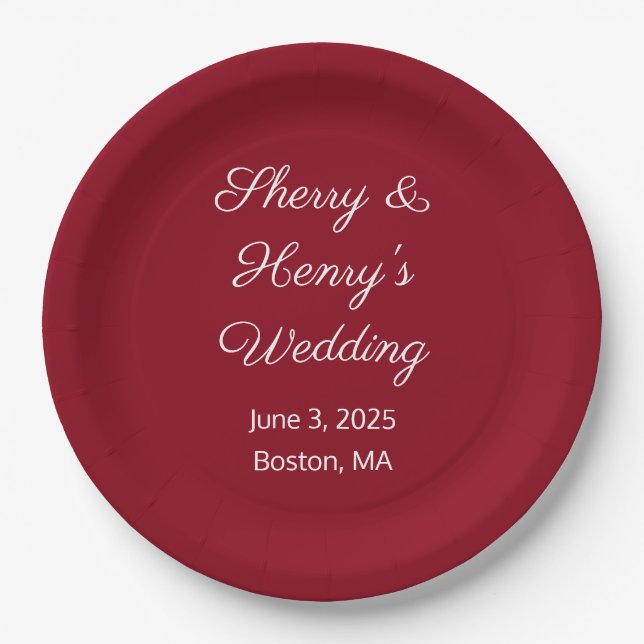 Sweet Letters Maroon Wedding Paper Plates (Front)
