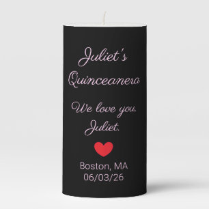 Sweet Letters: Pink on Black Quinceanera Pillar Candle