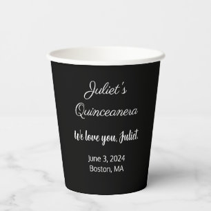 Sweet Letters:  White on Black Quinceanera  Paper Cups
