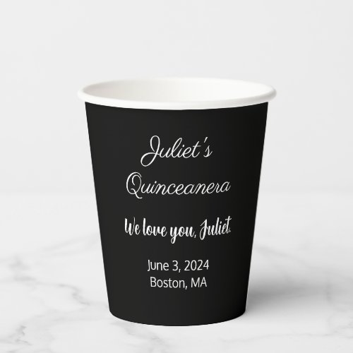 Sweet Letters  White on Black Quinceanera  Paper Cups