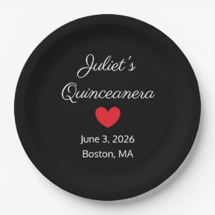 Sweet Letters: White on Black Quinceanera Paper Plates