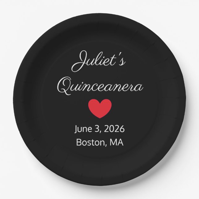 Sweet Letters: White on Black Quinceanera  Paper Plates (Front)