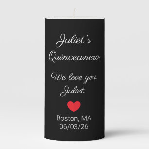 Sweet Letters:  White on Black Quinceanera Pillar Candle