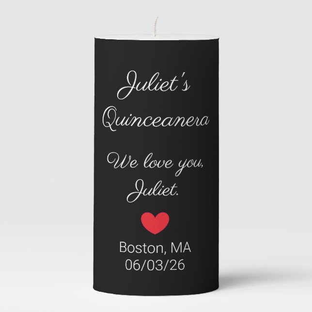 Sweet Letters:  White on Black Quinceanera Pillar Candle (Front)