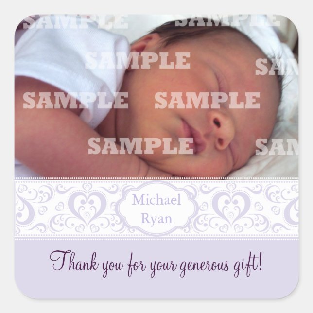 Sweet Lilac Band Baby Thank You Stickers (Front)