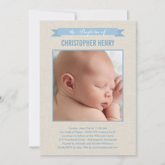 Sweet Linen Photo Baptism Invitation - Blue (Front)