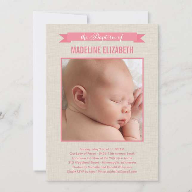 Sweet Linen Photo Baptism Invitation - Pink (Front)