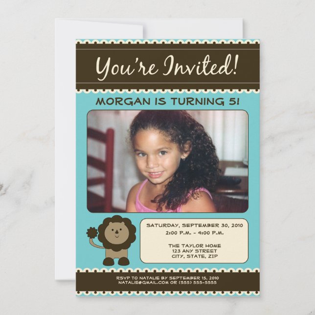 Sweet Lion Birthday Party Invitation (aqua) (Front)