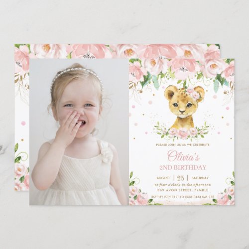 Sweet Lion Cub Blush Pink Floral Birthday Photo Invitation