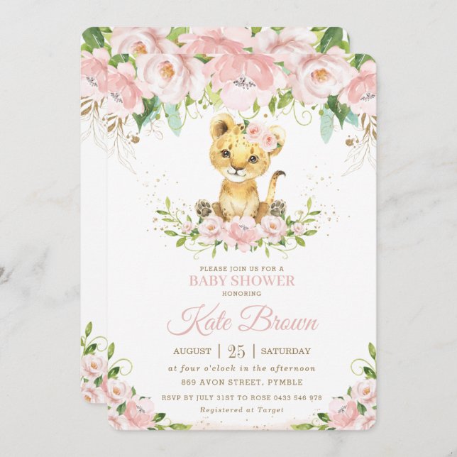 Sweet Lion Cub Blush Pink Floral Girl Baby Shower Invitation (Front/Back)