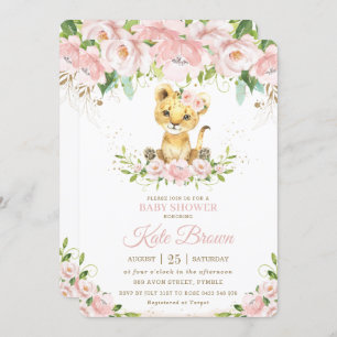 Sweet Lion Cub Blush Pink Floral Girl Baby Shower Invitation