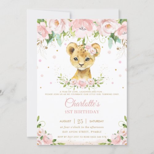 Sweet Lion Cub Blush Pink Floral Gold 1st Birthday Invitation